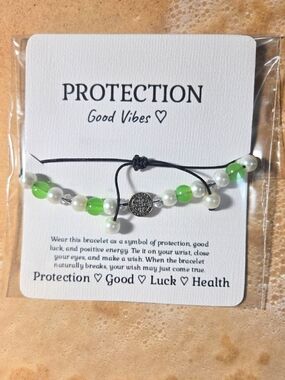 Saint Benedict Protection Good Vibes Green and White Pearl Beaded Bracelet